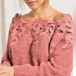 BaeVely Fuzzy Sweater, Pink, Lace, Small, Cozy, Boho, Relaxed Fit, EUC